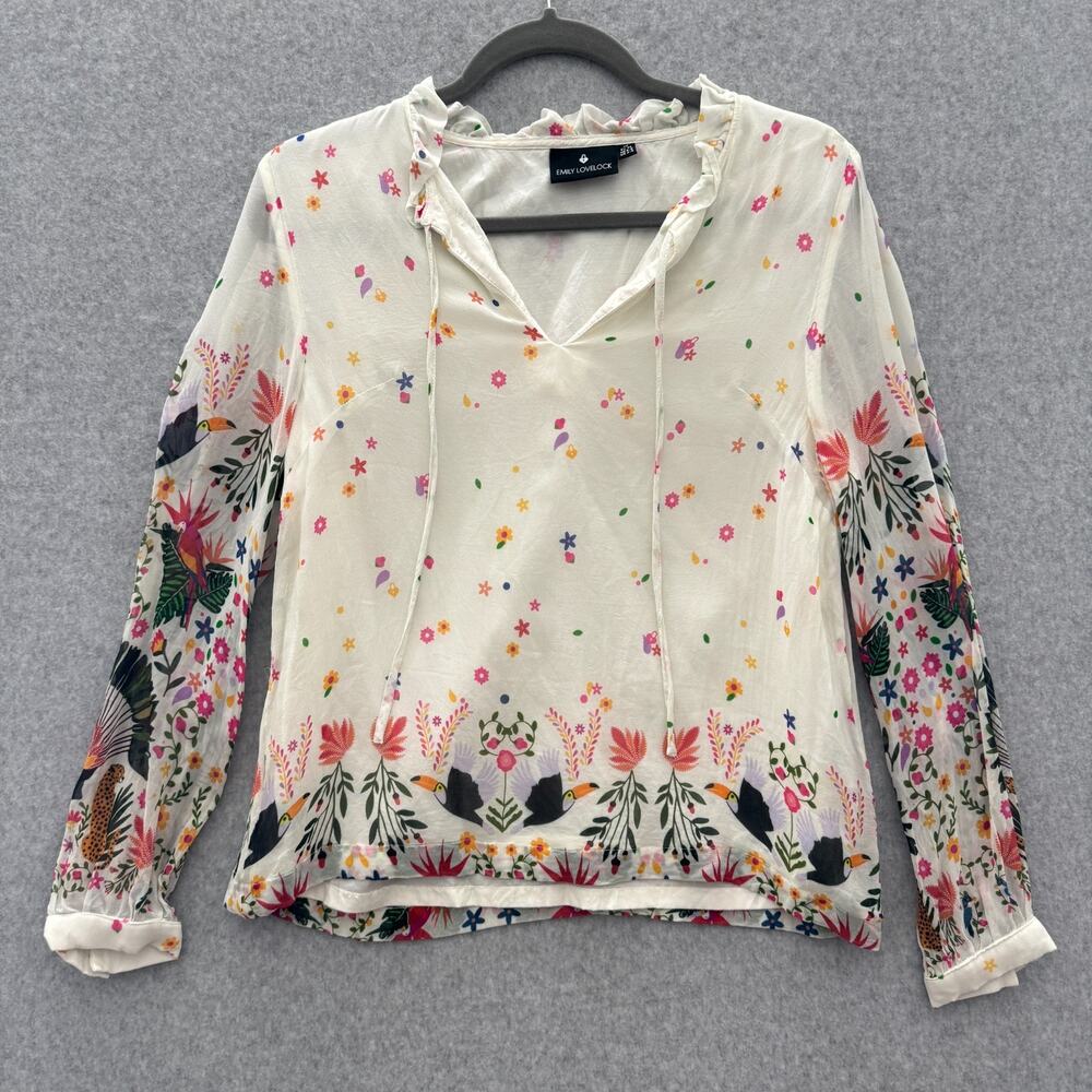 Emily Locklove Tropical Jungle Print Blouse Sz XS White Multi Chiffon Boho Artsy